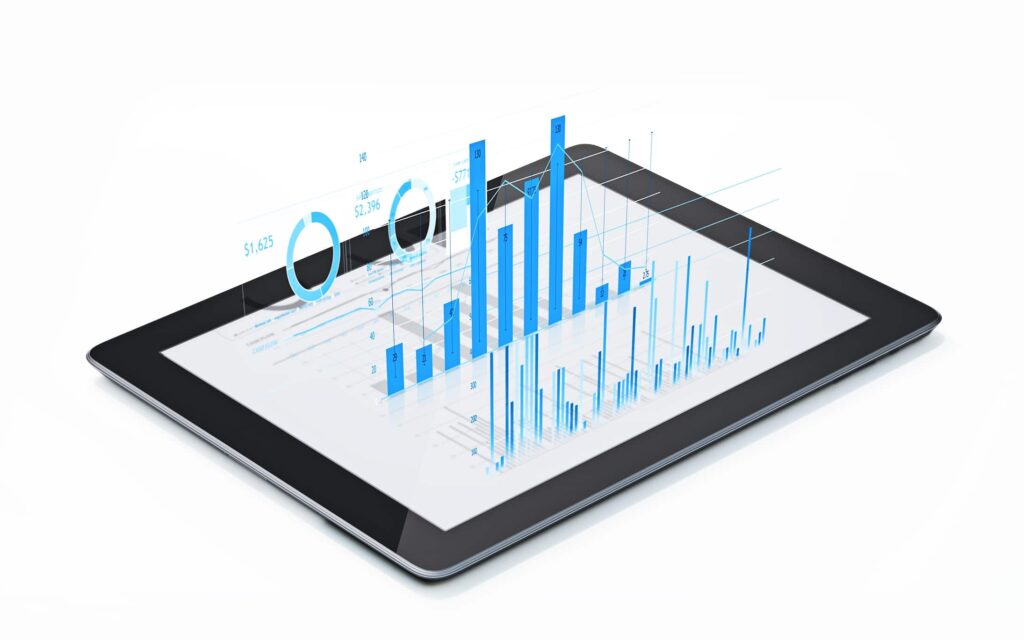 Charts with patient experience data standing up from tablet