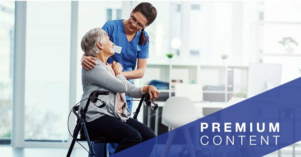 Nurse walking with a patient in a walker