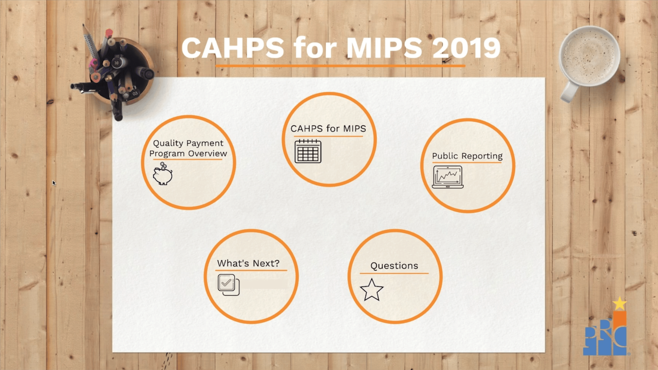 Landscape paper on a wooden desk with pencils, coffee, and CAHPS for MIPS 2019 information
