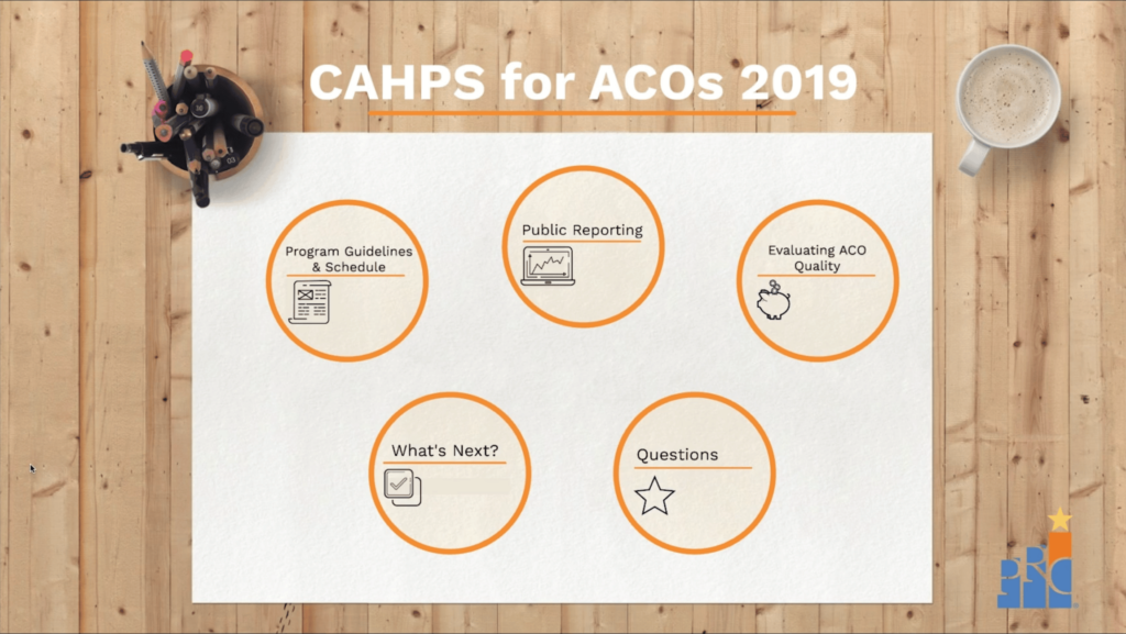 Landscape paper on a wooden desk with pencils, coffee, and CAHPS for ACOs 2019 information