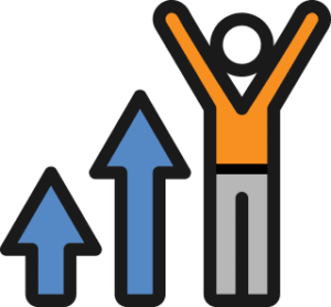 Excited employee standing next to arrows showing growth