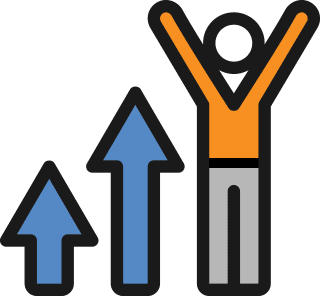 Excited employee standing next to arrows showing growth