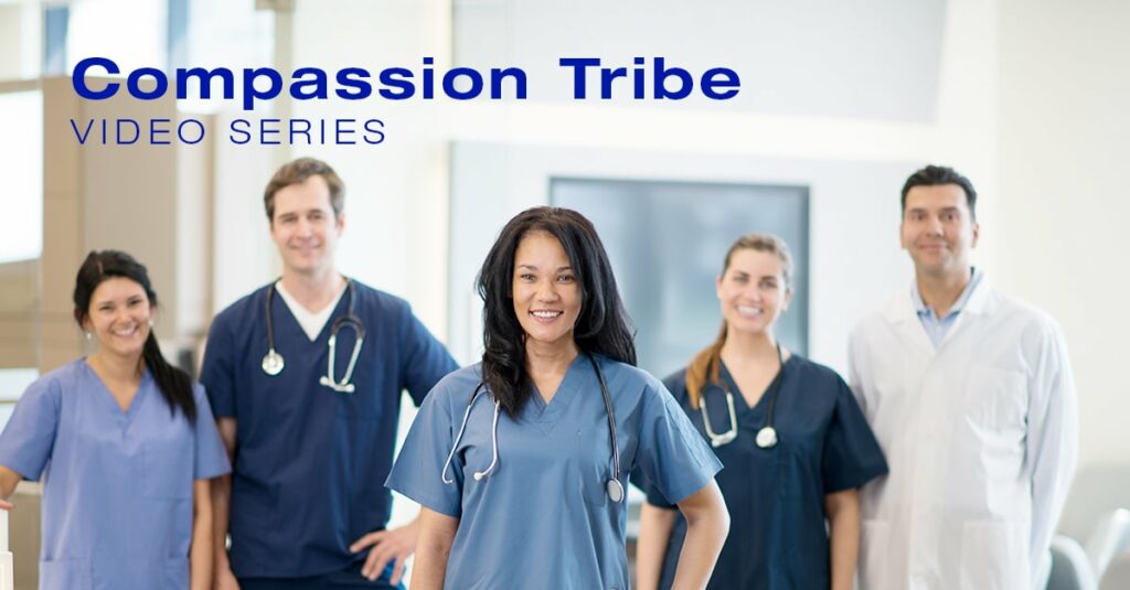 Enthusiastic care team with Compassion Tribe Video Series branding