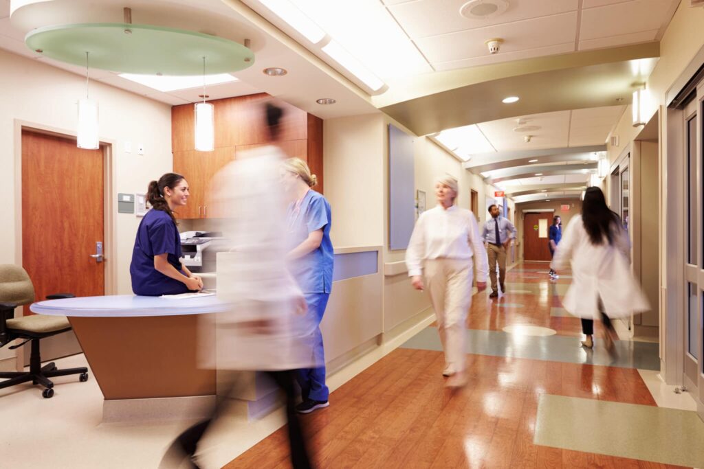 busy nurse station in a hospital