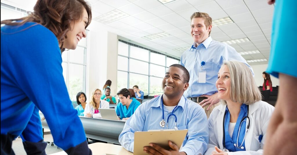 Engaged medical staff meeting together