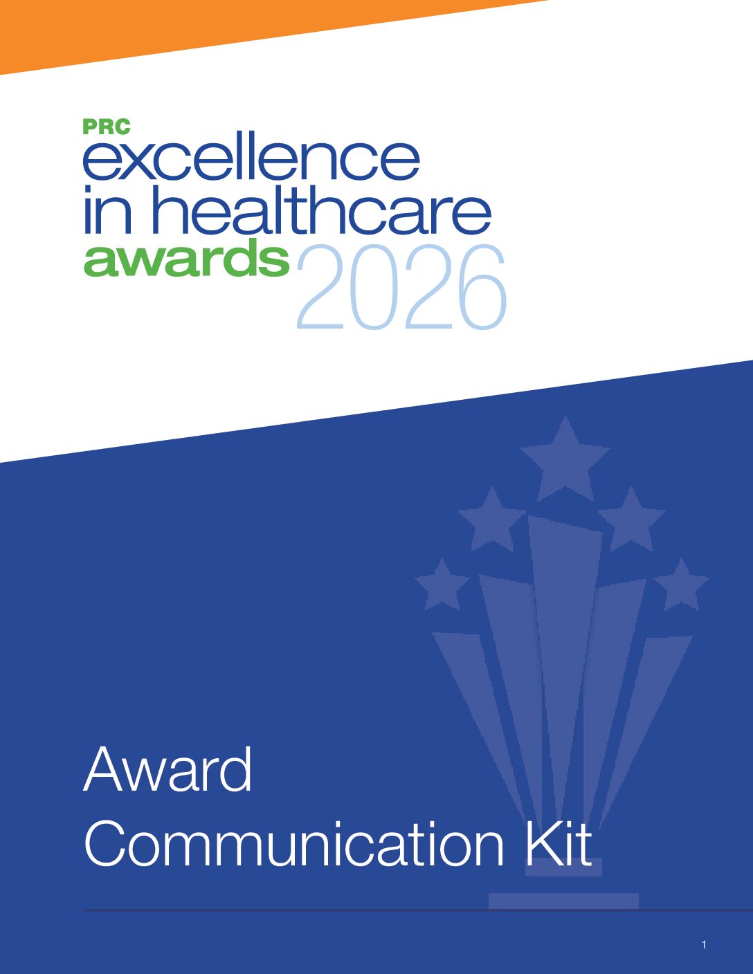 Award Communication Kit cover: PRC Excellence in Healthcare Awards 2026, white top with orange diagonal stripe, blue bottom with star-trophy graphic.