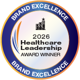 Circular badge: '2026 Healthcare Leadership Award Winner' with Brand Excellence blue/gold ring and inner logo image.