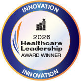 Circular award badge reading '2026 Healthcare Leadership Award' with a blue outer ring labeled Innovation and an orange inner ring.