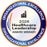 Circular badge reading '2026 Healthcare Leadership Award Winner' with an outer blue ring that says 'Organizational Excellence' and a gold inner border.