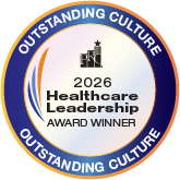 Circular award badge: 2026 Healthcare Leadership Award Winner with 'Outstanding Culture' on the border.