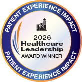 Circular badge announcing 2026 Healthcare Leadership Award Winner with a blue-orange border reading 'Patient Experience Impact'.