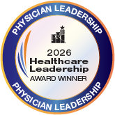Circular award badge stating '2026 Healthcare Leadership Award Winner' with 'Physician Leadership' on the blue border and an orange rim