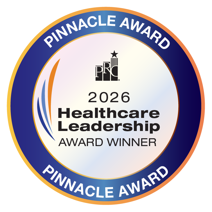 Pinnacle Award badge announcing 2016 Healthcare Leadership Award Winner, circular with gradient ring.