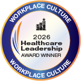 Circular badge reading '2026 Healthcare Leadership Award Winner' with a blue outer ring 'Workplace Culture' and a small hospital logo at the top