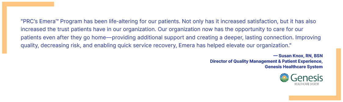 Testimonial quote from Susan Knox, RN, BSN, praising PRC’s Emera Program for increasing patient satisfaction and trust, with Genesis Healthcare System logo.